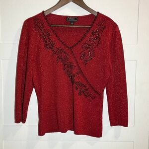 Dressbarn Collection‎ Red Metallic Beaded Pullover Top Sz M Valentines Date Sexy